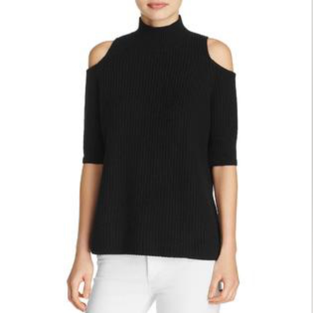 ZOE JORDAN Black Ribbed Open Shoulder Mock Neck Cashmere Blend Sweater L